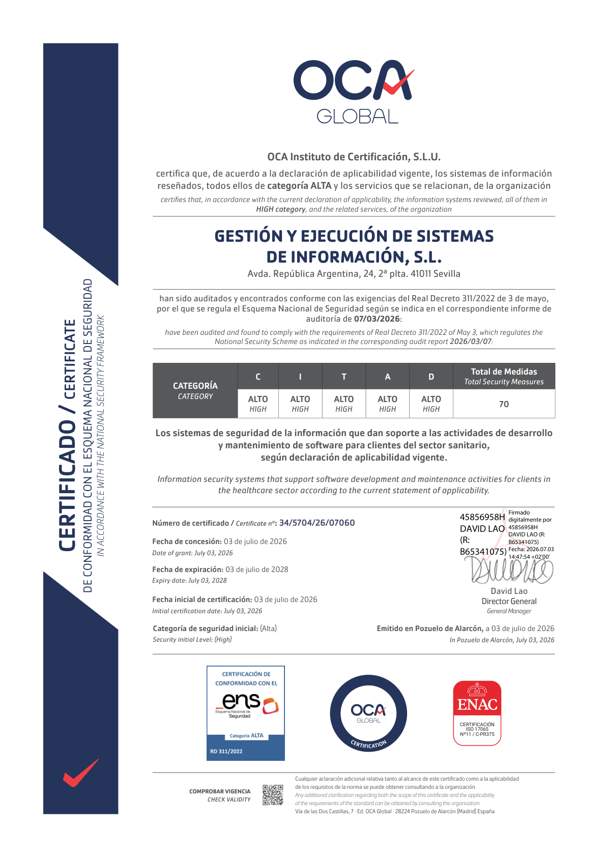 Vista previa del certificado ENS Nivel Alto — Esquema Nacional de Seguridad