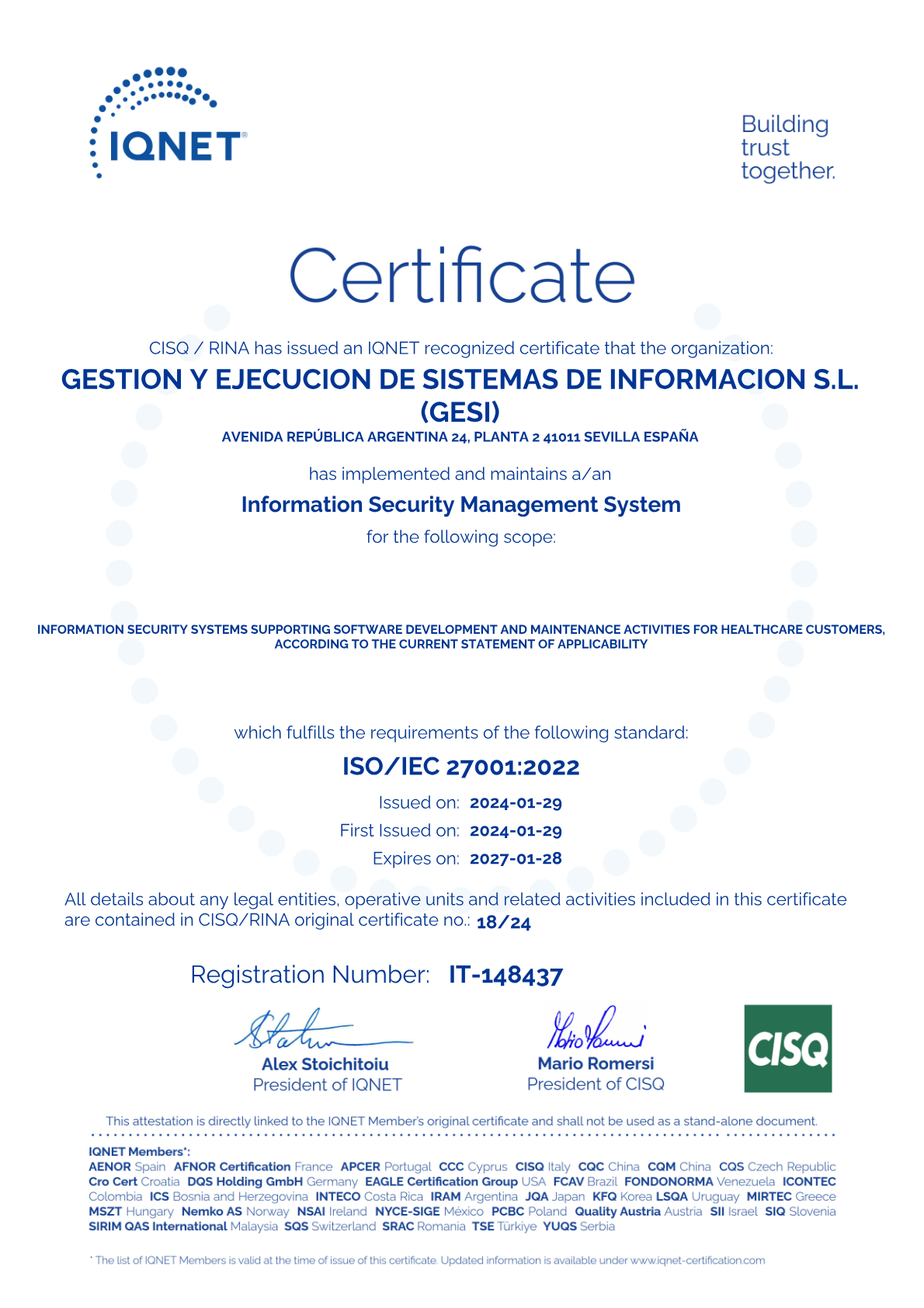 Vista previa del certificado ISO 27001 — Sistema de Gestión de Seguridad de la Información