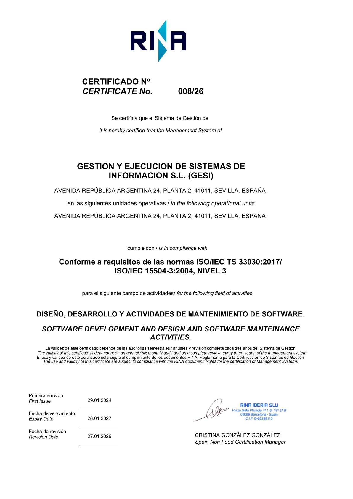 Vista previa del certificado ISO/IEC 33000 — Calidad de procesos software